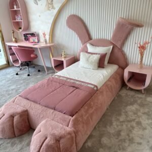 Cama conejo base al piso 1.00 | 1.20 | 1.40 + puffs (tela peluda)